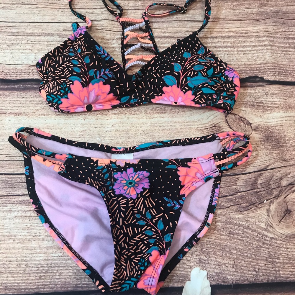 Target neon coral floral bikini set top bottoms